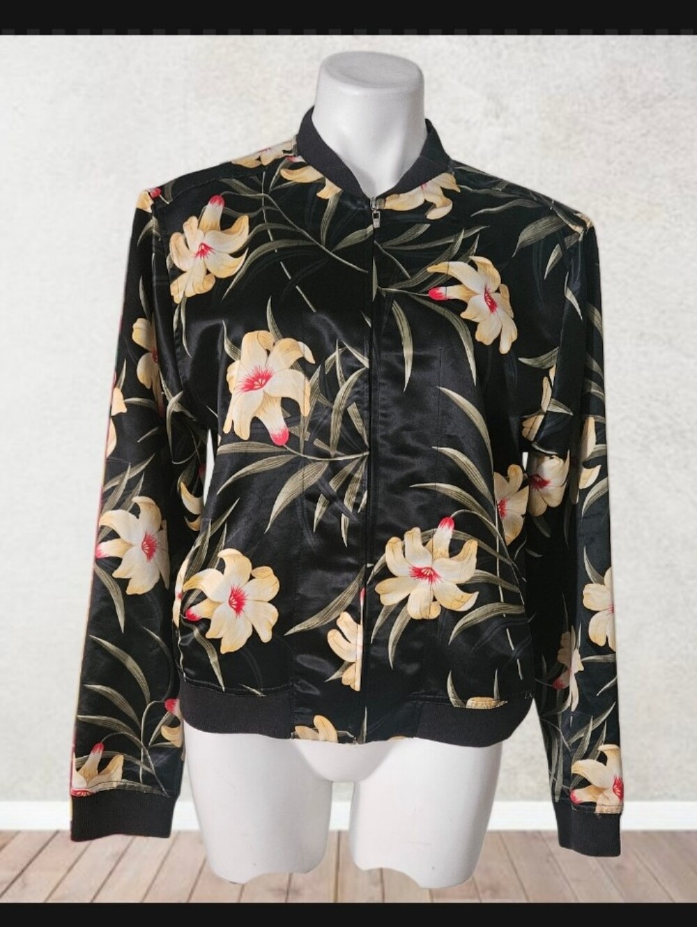 Caribbean Joe Black Floral Jacket Womens Size Large